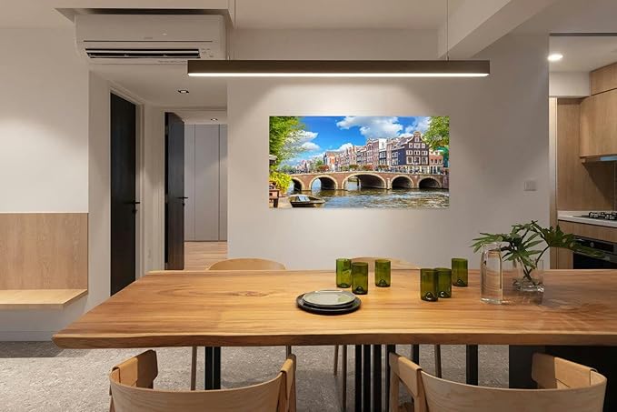 Canvas Wall Art for Living Room Bedroom Amsterdam downtown Amstel river old houses and a bridge Nice view the Big Large Wall Art Decor Framed Painting Wall Pictures Prints Artwork Office