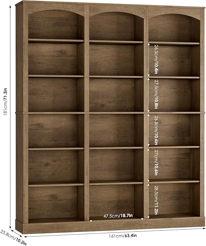 FACBOTALL 71" Triple Wide Bookshelf, 6 Tier Tall Bookshelf, Large Arched Bookcase with Curved Baffle, 63.4" Wide Book Shelf with 18 Open Display Shelves for Living Room, Study, Phoebe Zhennan