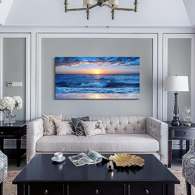 Lapremoly Canvas Wall Art - Large Blue Ocean Beach Wall Painting for Living Room, Bedroom & Office - 20" X 40"