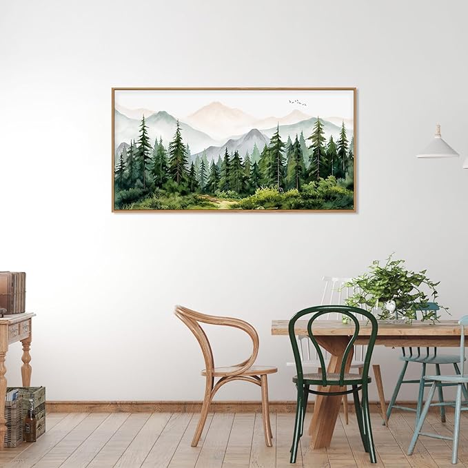Green Forest Tree Mountain Range Framed Canvas Wall Art, Watercolor Nature Wall Decor, Woodland Nursery Wall Painting, Modern Wilderness Art Print for Living Room, Bedroom, Office 40"x20"