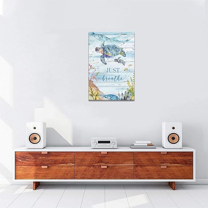 Ocean Sea Turtle Wall Art Nautical Just Breathe Pictures Wall Decor Beach Seaweed Canvas Coastal Painting Modern Artwork Home Decoration for Bathroom Living Room Bedroom Office Framed 16"x24"