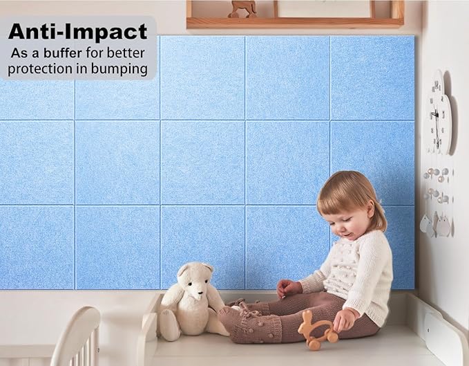 Felt Wall Tiles Bulletin Board Large Cork Board Alternative 6 Pack 11.81”x11.81”x0.47” Felt Pin Board Tack Board with Safe Removable Adhesive Tabs for Home Office School 36x24 (Light Blue)
