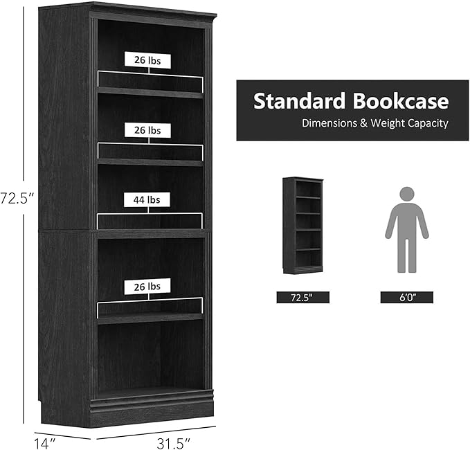 JAHRSTIM Halston Standard Bookcase, Adjustable Storage Open Display Shelving Unit for Home and Office Space, 14”L x 31.50”W x 72.50”H, Black