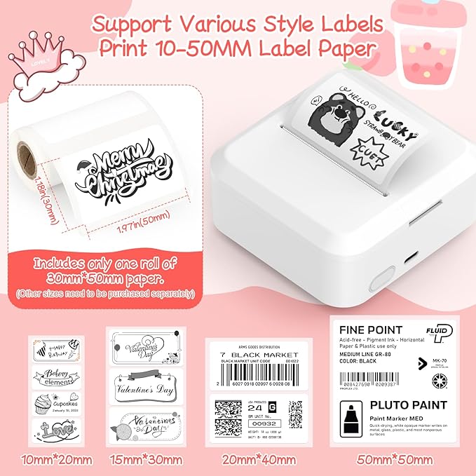 Portable Bluetooth Label Maker Machine with 30x50 mm Tape, Compact & Wireless Mini Label Printer Thermal Label Maker for Home, Office, Kitchen, Compatible with iOS & Android, White