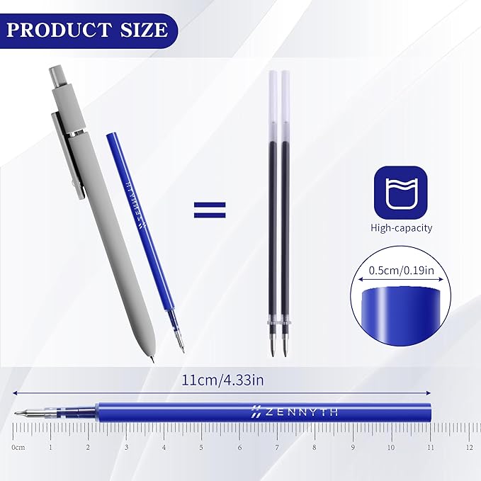 Gel Pen Refills 0.5MM for Click pens with Spring, Quick Drying Ink Pen Refills Smooth Writing pens for Journaling (Blue)