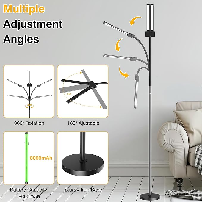 Rechargeable Floor Lamp Cordless with 8000mAh Battery, 15W Dual Head Adjustable Gooseneck LED Reading Lamp, Battery Operated Cordless Floor Lamp for Home, IP54 Rated