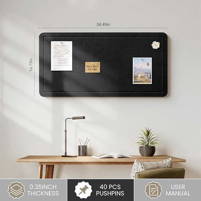 Bulletin Board, 35 X 17 inches Decorative Felt Cork Board Alternative with Pushpins, Foldable Felt Notice Pin Board Photo Display Board for Office Home School Wall