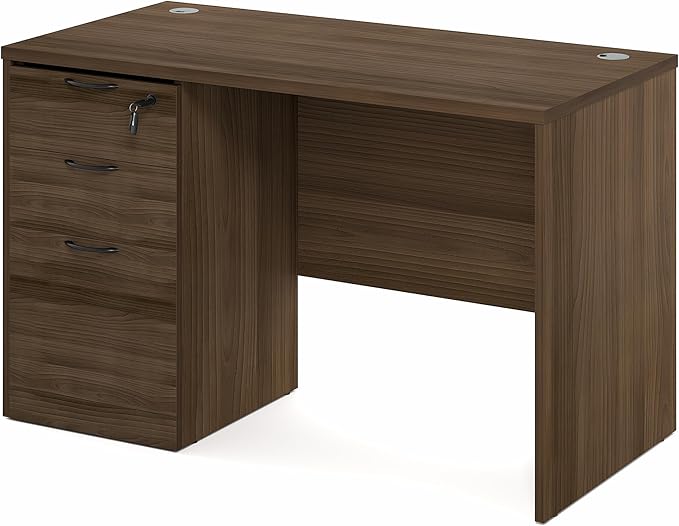 Furinno Roger 47 Inch Executive Desk with File Cabinet, Home Office Desk with 3-Drawer Fixed Pedestal Filing Cabinet, Desk Cord Grommet, for Home Office, Modern Walnut