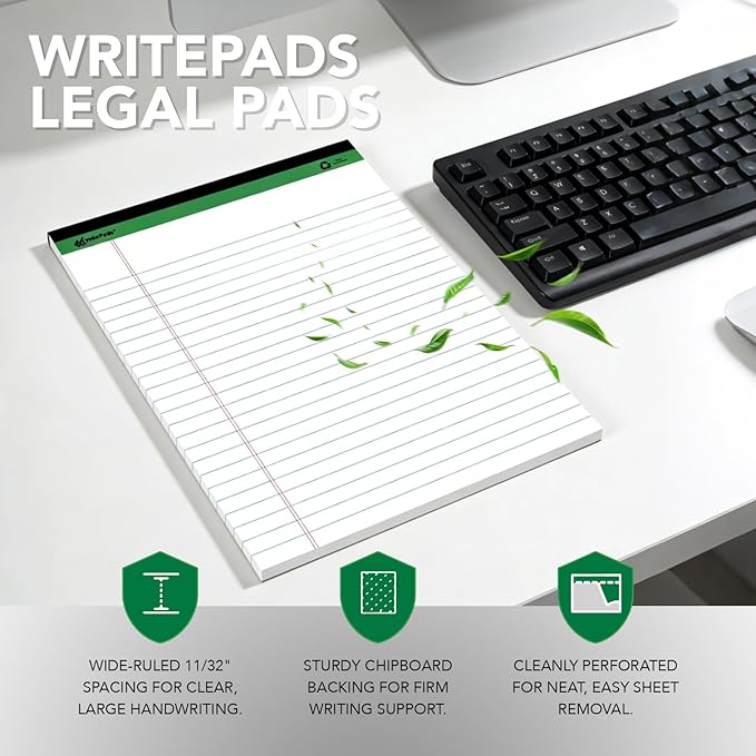 KAISA Legal Note pads 8.5 x 11，12pads 600 Sheets note pads Writing Pads Recycled Paper, Wide Ruled Perforated 50 sheets Premium Thick Paper Hard Back Notepads 8-1/2"x 11-3/4" Writing Tablet Canary For Office Supplies (Pack of 12pc)