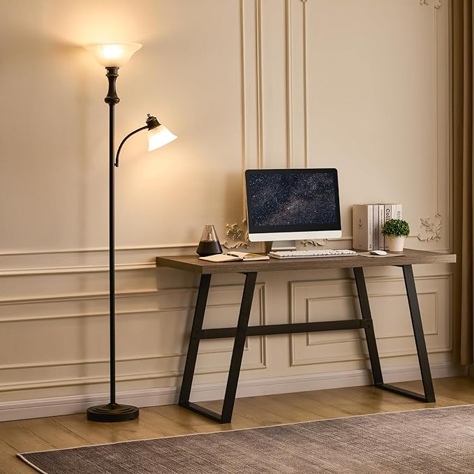71'' Floor Lamps for Living Room, Tall Floor Lamp for Bedroom with Adjustable Angle Arc Reading lamp, Modern Torchiere Standing lamp with Glass Shade, Knob Switch, Bulb Included, Black