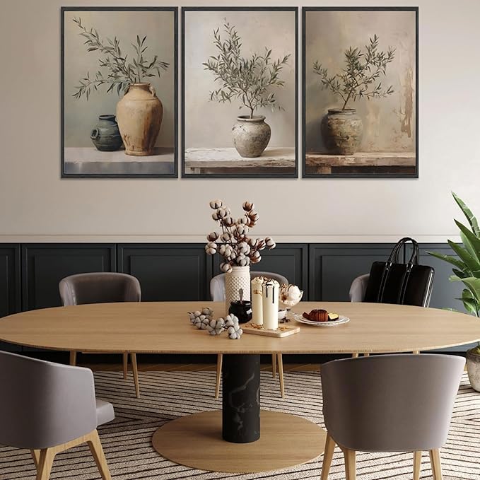 3Pcs Vintage Vase Canvas Wall Art Green Rustic Olive Branch Wall Decor Pictures Antique Still Life Plant Posters Paintings Prints for Bedroom Living Room Kitchen Artwork Home Decoration Unframed
