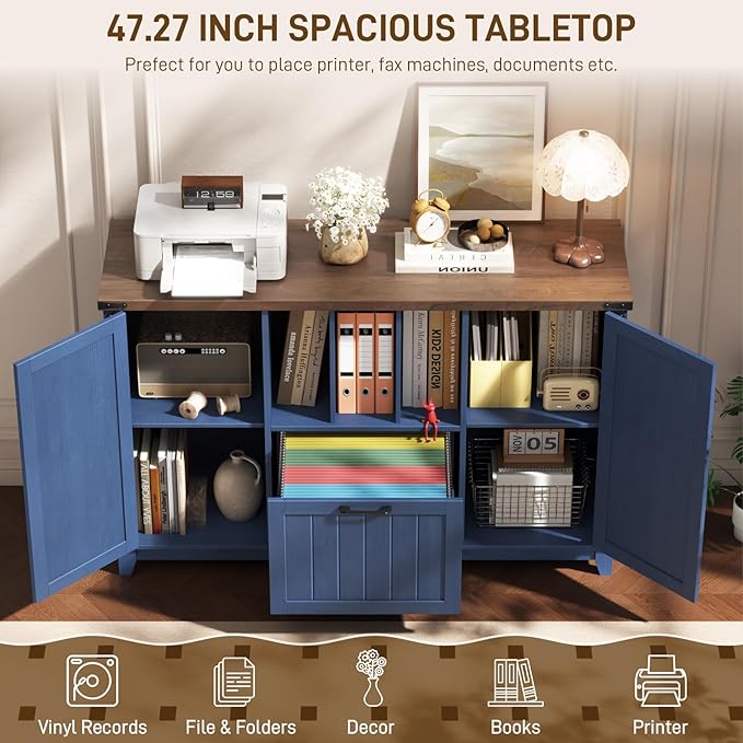 Vabches Lateral File Cabinet with File Drawer, Farmhouse Filing Cabinet with Storage Shelves for Legal/A4/Letter Size Hanging Files, Large Modern Printer Stand for Home Office (Navy Blue and Brown)