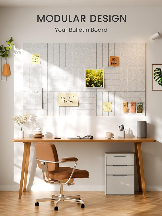 Bumusty Large Cork Board Alternative-48 x 36" Felt Bulletin Board Tiles, with 30 Pushpins, 70 Adhesive Tabs, 12-Pack Slat Wall Paneling, Cork Boards for Office Push Pin Board Felt Board-Light Gray