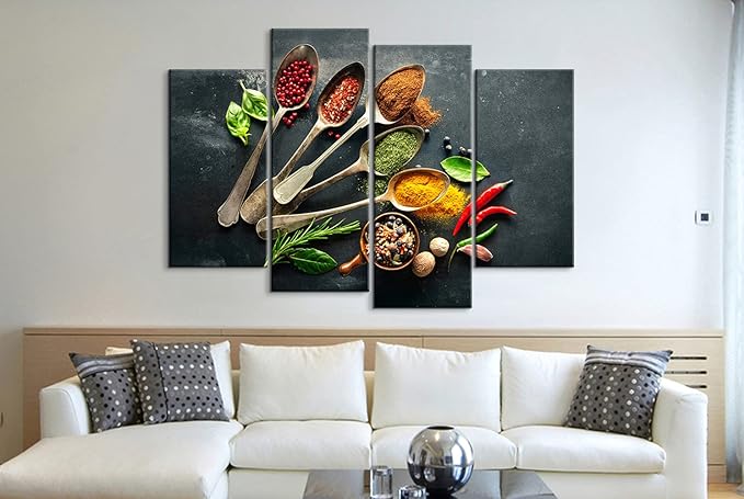 4 Modern Kitchen Canvas Wall Art - Spices Poster, Dining Room Wall Decor (48''W x 32''H)