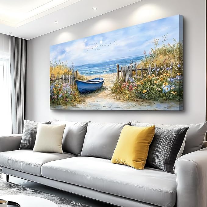 QIYILEXWART Canvas Wall Art For Living Room Wall Decor For Bedroom Office Wall Decoration Sea Side Boat Landscape Painting Farmhouse Pictures Artwork Room Aesthetic Home Decor 20x40 In