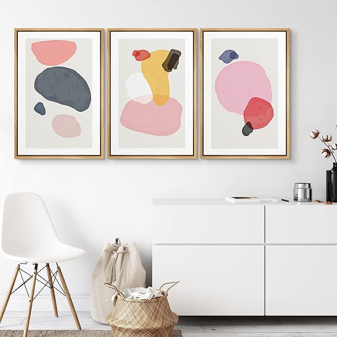 SIGNFORD Framed Wall Art Print Set Pink, Gray, Red & Yellow Transparent Blots Abstract Shapes Digital Art Modern Art Contemporary Colorful for Living Room, Bedroom, Office - 24"x36"x 3 Panels Natural
