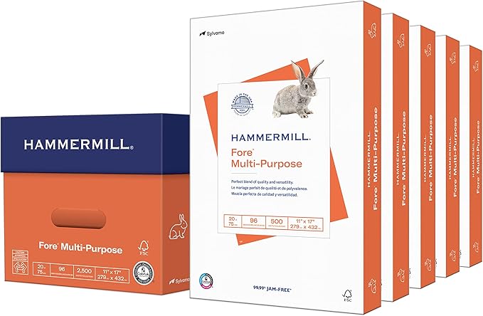 Hammermill Printer Paper, Fore Multipurpose 20 lb Copy Paper, 11 x 17 - 5 Ream (2,500 Sheets) - 96 Bright, Made in the USA, 103192C