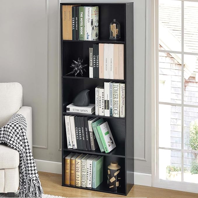 Tall Bookshelves with Cabinet, Office Storage Cabinets and Bookshelf, 5-Tier Wooden Bookcase with Storage, Floor Standing Display Cabinet Shelves for Living Room, Home Office, Black
