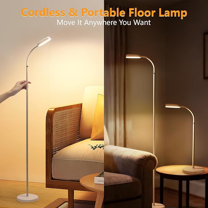 Cordless Portable Floor Lamp, Adjustable Gooseneck with Touch Switch, 3 Color Modes, Lightweight & Rechargeable for Living Room, Bedroom, Office, Reading, Camping, RV, Piano, Indoor Outdoor-White