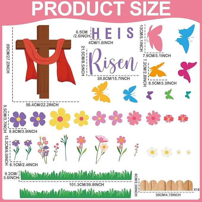 Easter Christian Bulletin Board Set He is Risen Paper Cutouts Butterfly Classroom Decoration Easter Butterfly Flowers Bulletin Board for Sunday Spring School Church Party Home Chalkboard Decor