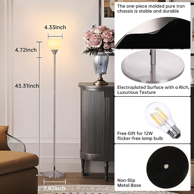 Floor Lamps for Living Room, Bedroom, Nickel Standing Lamp with 12W Bulb, Vintage Floor Lamp for Reading, Nursery, Corner (White Tulip)