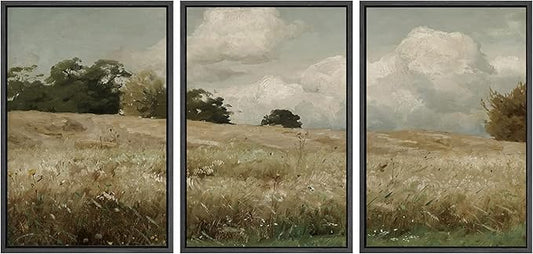 SIGNWIN Framed Canvas Print Wall Art Woodland Nursery Decor Set Watercolor Country Field Landscape Pasture Nature Abstract Fine Art Nordic for Living Room, Bedroom, Office - 24"x36"x3 Black