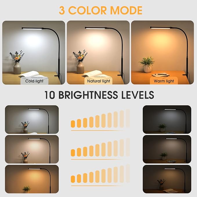 LED Desk Lamp with Clamp, Eye-Caring Clip on Lights for Home Office, 3 Modes 10 Brightness, Long Flexible Goose-Neck, Metal, Swing Arm Architect Task Table Lamps with USB Adapter, Black