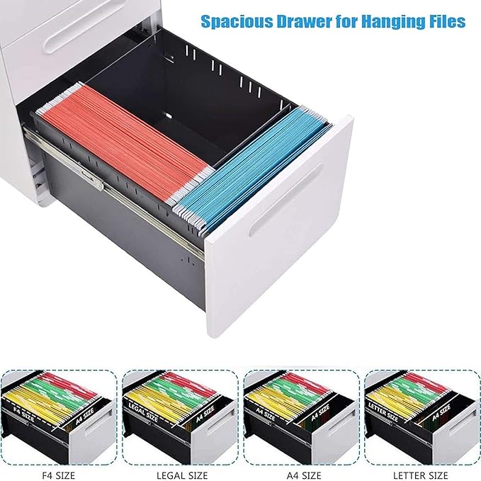 HOVNEE 3 Drawer File Cabinet, Commercial Grade Mobile Filing Cabinet with Lock for A4 Letter Legal Size