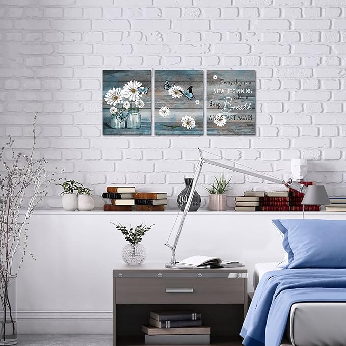RyounoArt 3 Piece Daisy Wall Art Butterfly Inspirational Picture on Canvas for Kitchen Office Wall Decor Rustic Country Paintings Framed 12"x16" for Each