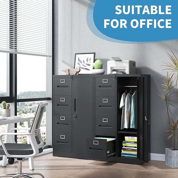 4 Drawer File Cabinet with Shelves and Hanging Rod, Metal Filing Cabinet with Lock for Home Office, File Storage Drawers for Legal/Letter Size Folders, Assembly Required (Black)
