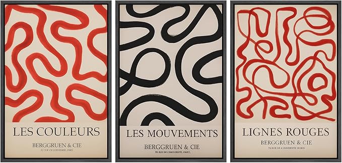 SIGNFORD Framed Wall Art Print Set French Modern Abstract Line Red and Black Curved Shapes Digital Art Modern Art Contemporary for Living Room, Bedroom, Office - 24"x36"x3 BLACK