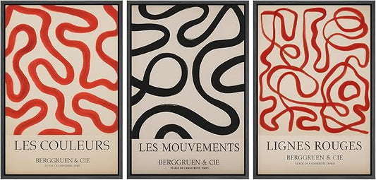 SIGNFORD Framed Wall Art Print Set French Modern Abstract Line Red and Black Curved Shapes Digital Art Modern Art Contemporary for Living Room, Bedroom, Office - 24"x36"x3 BLACK