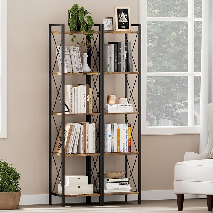 Homhedy 5 Tier Bookshelf, Tall Narrow Bookcase for Small Space, Metal Storage Book Shelf, for Home Office, Living Room, Kitchen, Bedroom, Industrial Style, 10.4" D x 13" W x 55.1" H, Rustic Brown