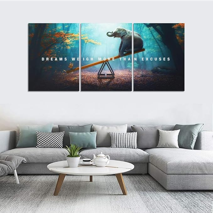 Unbruvo Elephant Wall Art for Office, Motivational Inspirational Canvas Wall Art, 3 Pieces Elephant Painting Prints Wall Decor for Living Room Bedroom Classroom Dorm(48”Wx24”H)