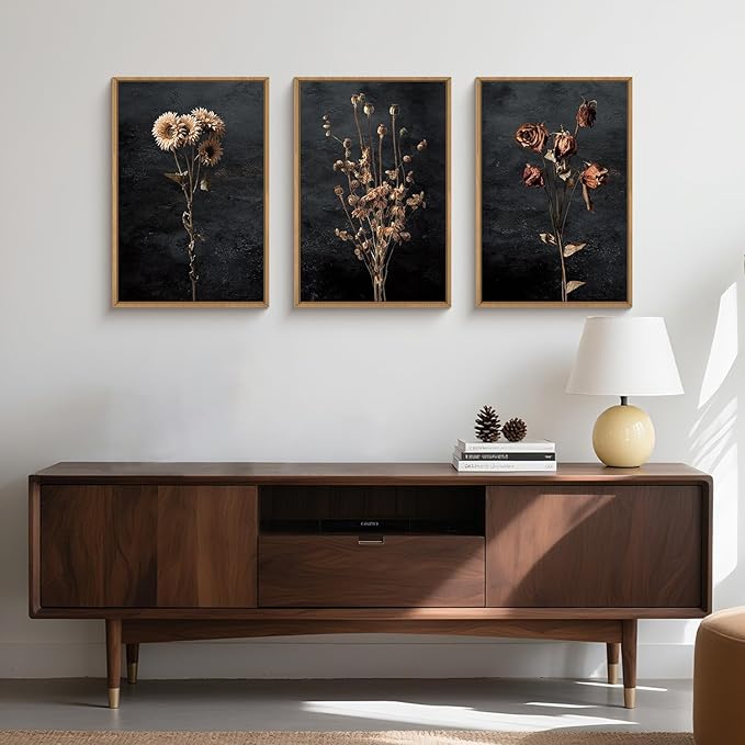 Large Moody Dark Floral Framed Canvas Wall Art Set,Vintage Mid Century Dried Flower Wall Decor,Modern Boho Wildflower Botanical Artwork for Living Room,Bedroom,Farmhouse-16 x24 x3