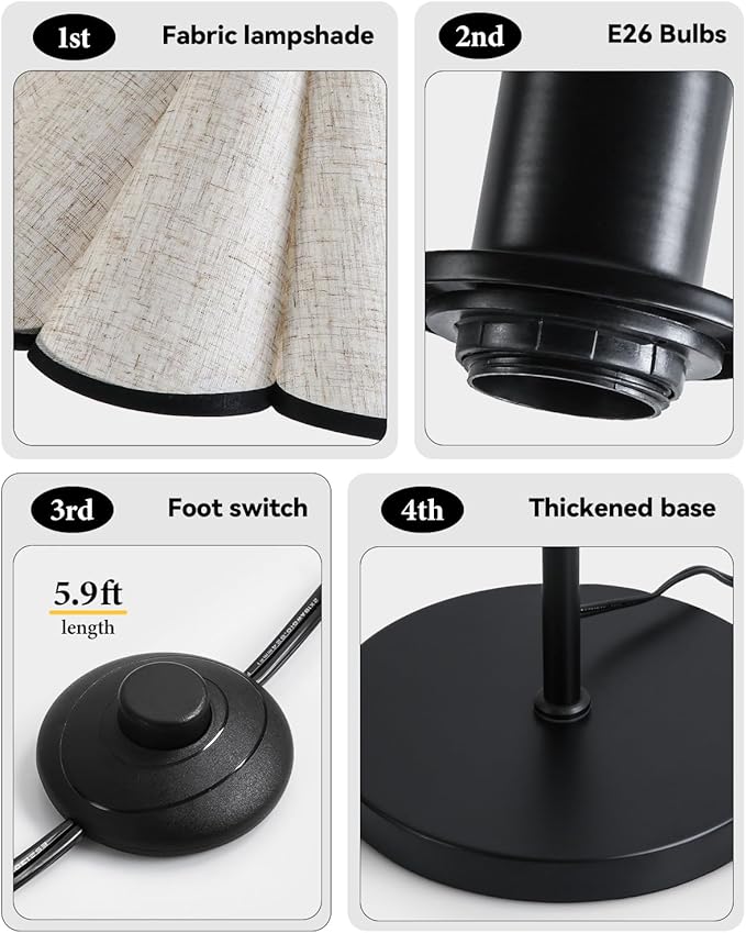 Floor Lamp with Pleated Linen Lampshade, Modern Flower Floor Lamp for Living Room Arc Standing Lamp, Gold Tall Lamp for Bedroom Office Dining Room, Bulb Included (Black + Black, 66.1IN)