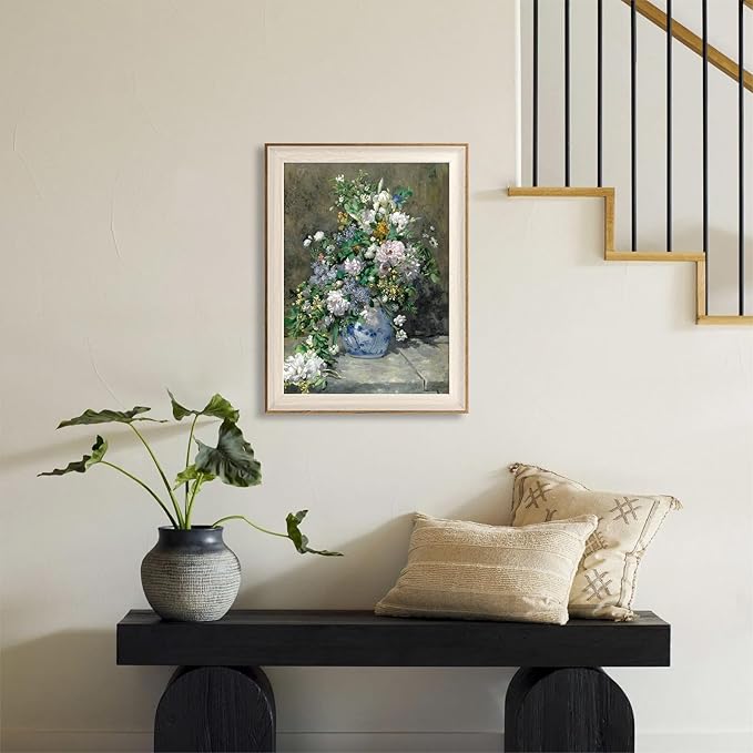 ASTRDECOR Framed Canvas Prints Art Vintage Decor for Living Room, Wildflowers Prints Botanical Wall Art Home Decor, Aesthetic Classical Floral Paintings, Bouquet in Blue White Porcelain Vase 12"x16"
