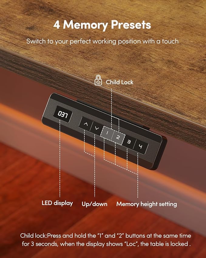 CubiCubi 32 x 20 Small One-Piece Standing Desk, Adjustable Height Electric Computer Sit Stand up Home Office Workstation, with 4 Memory Presets, Headphone Hook, Rustic Brown