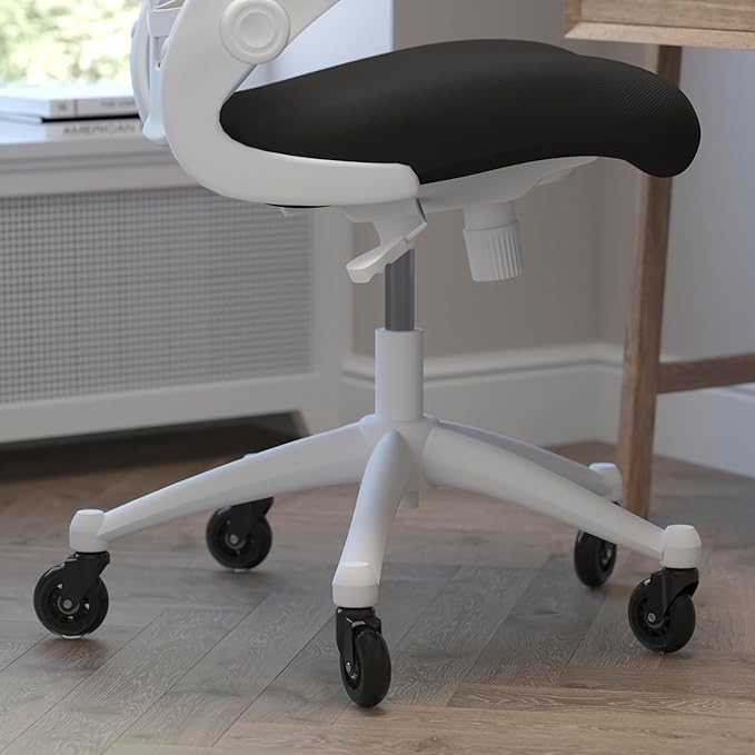 Flash Furniture Kelista Mid-Back Black Mesh Swivel Ergonomic Task Office Chair with White Frame, Flip-Up Arms, and Transparent Roller Wheels
