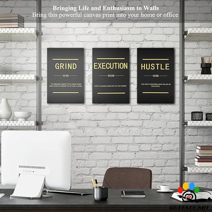 Office Wall Art - 3 Panel Motivational Wall Art, Inspirational Quotes Canvas Art for Home Office Wall Decor, Positive Quotes Wall Decor, Entrepreneur Grind Hustle Execution Poster Frame (12”x24”x3Pcs)