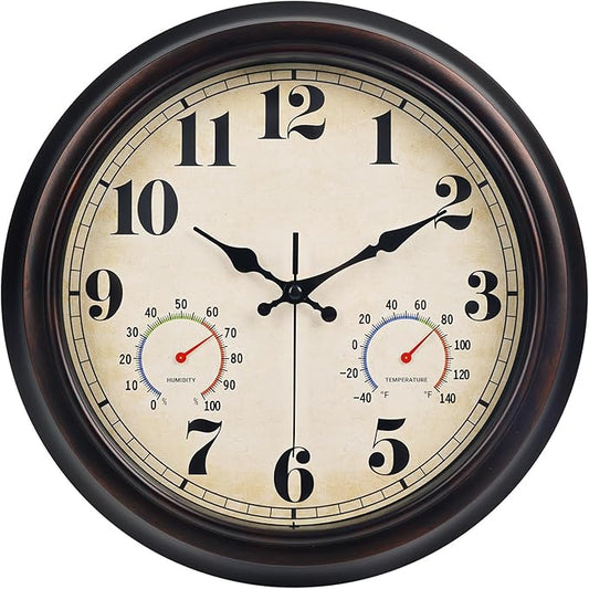45MinST 13 Inch Red-Brown Vintage Waterproof Wall Clock with Thermometer & Hygrometer, Large Silent Numerals & Accurate Timekeeping for Indoor & Outdoor(Garden,Porch,Pool)