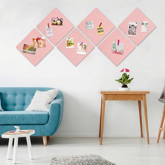 Large Cork Board 36" x 24", 6 Pack Felt Wall Tiles with Colored Pushpins, Bulletin Board with 40 Safe Removable Adhesive Tabs, Pin Board Cork Boards for Walls Home Office Decor - Pink