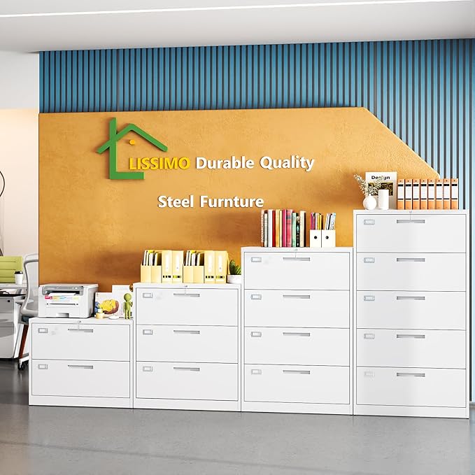 5 Drawer File Cabinet, White Metal Lateral File Cabinet with Lock, Office Filing Cabinet for Legal/Letter/A4/F4 Size with Hanging Files, Lockable File Cabinets for Home Office