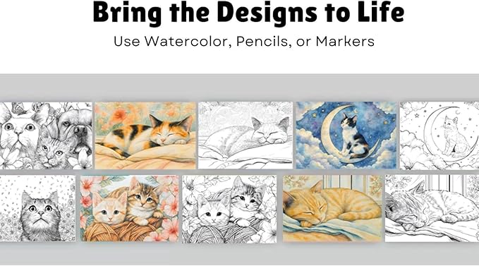 Artwink Watercolor Coloring Cards – Cat Theme, 15 Sheets (5x7 Inches, 300gsm), Works with Watercolor, Colored Pencils, or Markers, Great for Coloring Book Lovers & Watercolor Painting Practice