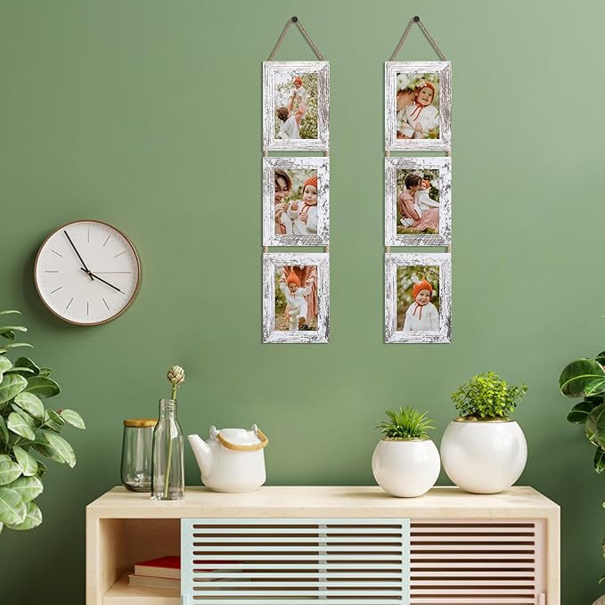 Lavezee 4x6 Collage Hanging Triple Picture Frames Set, 6 Opening Distressed White Vertical Frame Made to Display 4 by 6 Inch Photo Prints for Wall Decor