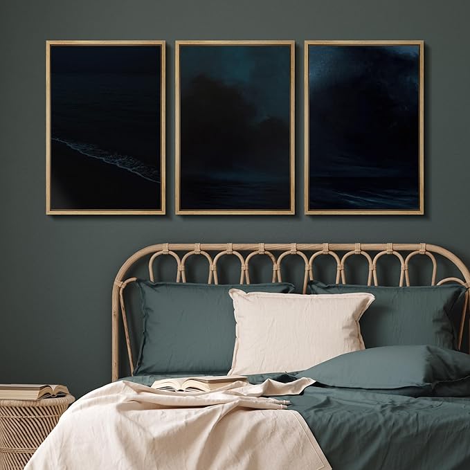 SIGNFORD Framed Wall Art Print Set Midnight Ocean Waves Dramatic Dark Seascape Digital Art Modern Art Contemporary for Living Room, Bedroom, Office - 16"x24"x3 Natural
