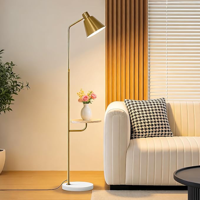 Gold Brushed Floor Lamp with Side Table for Living Room Bedroom, Modern Standing Lamp 12W LED 3-Color Dimmable 3000K/4500K/6500K, Adjustable Gooseneck Reading Light with Wood Shelf for Office Corner