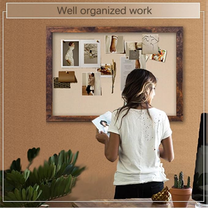 Large Magnetic Bulletin Board 36 x 24 Inch for Wall,Rustic Framed Cork Board with Linen for Home Office School,with 4 Push pins, 4 Magnets