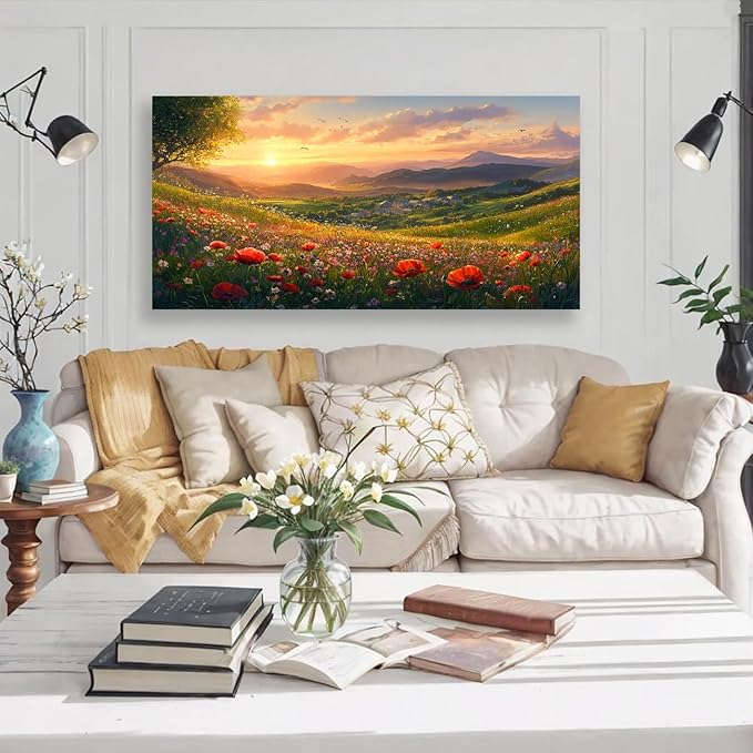 JLXART Wall Art for Living Room Decor Mountain Sunset Landscape Canvas Wall Art with Red Poppies Prints Nature Scenery Artwork Framed Size 24 x 48 in Ready to Hang