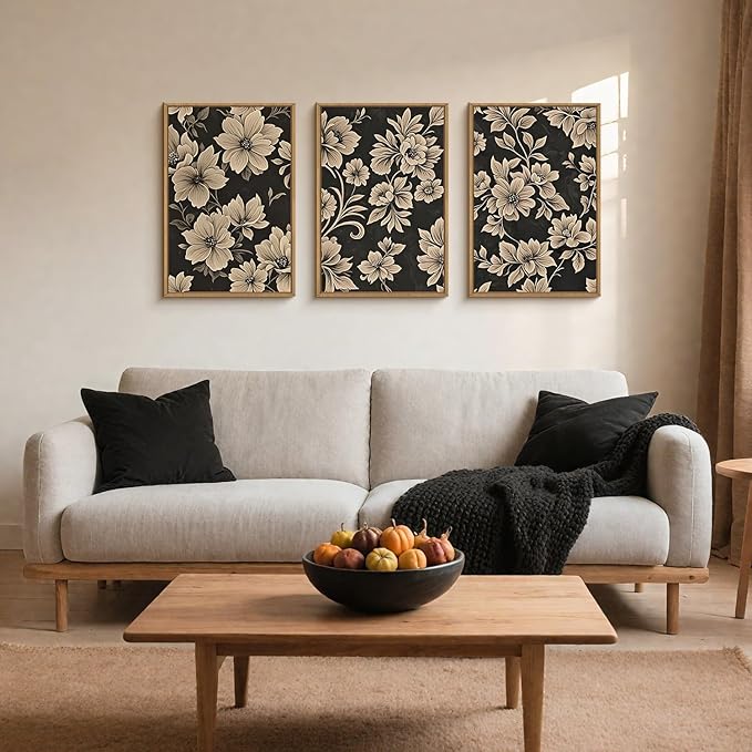 BICERE Large Vintage Floral Framed Canvas Wall Art Set,Mid Century Modern Flower Wall Decor,Neutral Wildflower Art Prints,Retro Botanical Plant Artwork for Living Room,Dining Room,Office-16"x24"x3